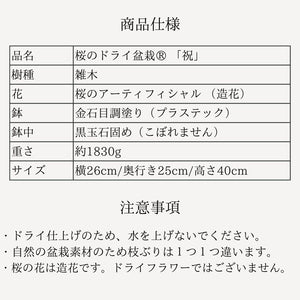 【一点物】桜のドライ盆栽® 「祝」 金石目調塗り 枯れ盆栽　※桜の花はフェイクフラワーです